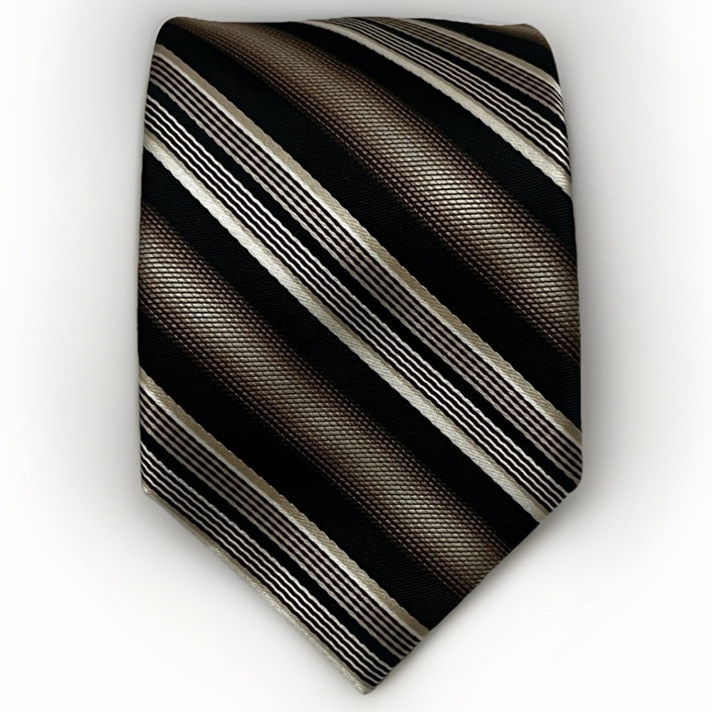 Pierre Cardin Slim Handmade Men’s Designer Tie Black Beige Striped Retro Necktie